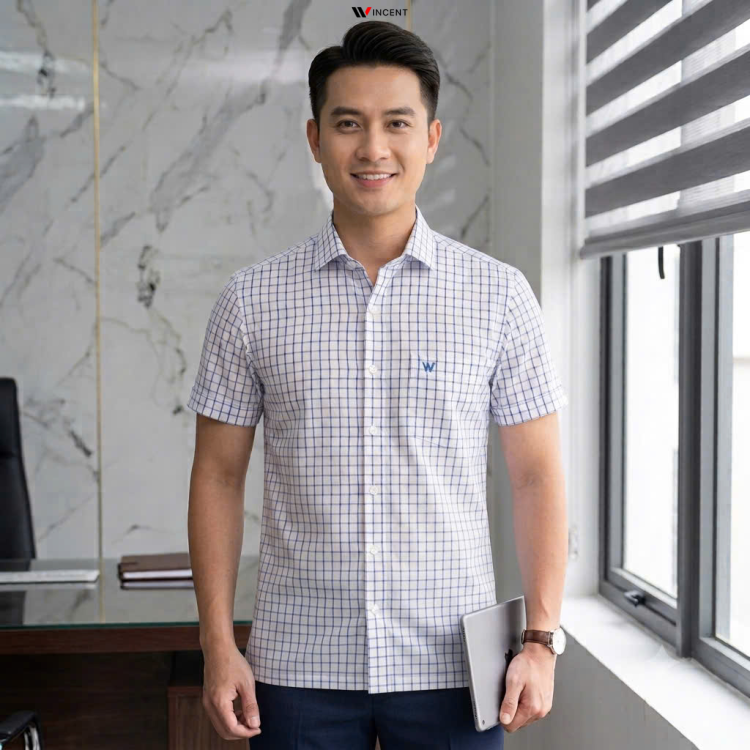 Áo Sơ Mi Nam Cao Cấp Ngắn Tay Vạt Ngang Có Xẻ Tà SM 011N Sọc - Wincent Việt Nam