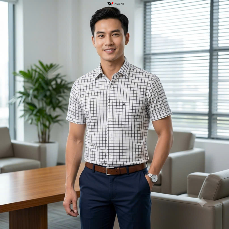 Áo Sơ Mi Nam Cao Cấp Ngắn Tay Vạt Ngang Có Xẻ Tà SM 011N Sọc - Wincent Việt Nam